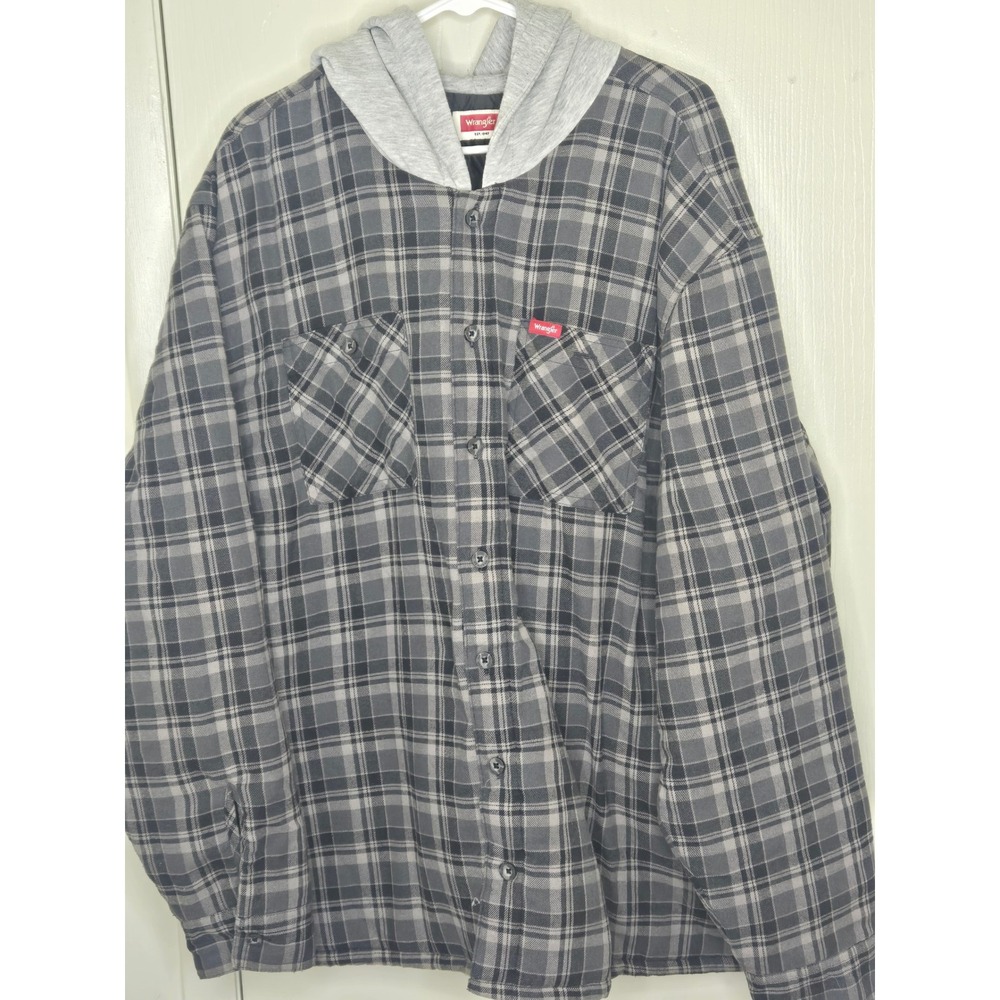 Wrangler Mens 3XL‎ Grey Plaid Quilted Lined Hooded Flannel Shirt Jacket Shacket